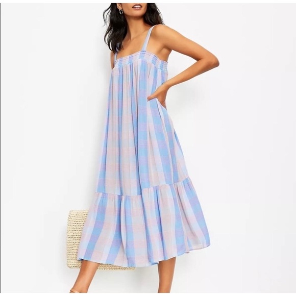 Loft Midi Dress Pastel Blue Pink Plaid Smocked Tiered Square Neck Sundress - Picture 1 of 9